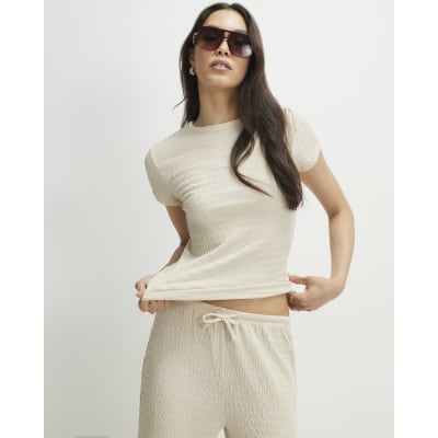 Beige Textured Fitted T-Shirt