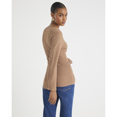 Beige Textured Long Sleeve Tie Waist Top