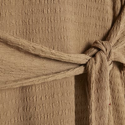 Beige Textured Long Sleeve Tie Waist Top