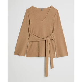 Beige Textured Long Sleeve Tie Waist Top