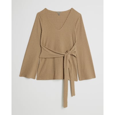 Beige Textured Long Sleeve Tie Waist Top