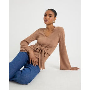 Beige Textured Long Sleeve Tie Waist Top