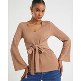 Beige Textured Long Sleeve Tie Waist Top