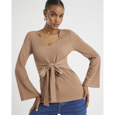 Beige Textured Long Sleeve Tie Waist Top
