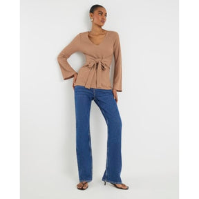 Beige Textured Long Sleeve Tie Waist Top