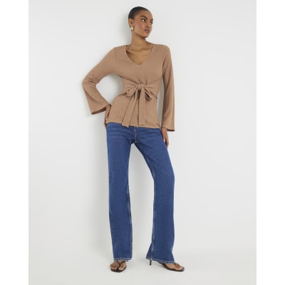 Beige Textured Long Sleeve Tie Waist Top