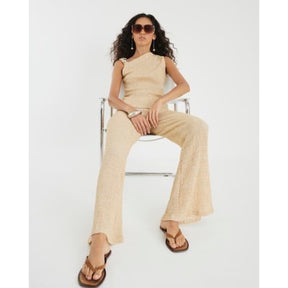 Beige Textured Wide Leg Trousers