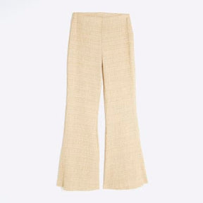 Beige Textured Wide Leg Trousers