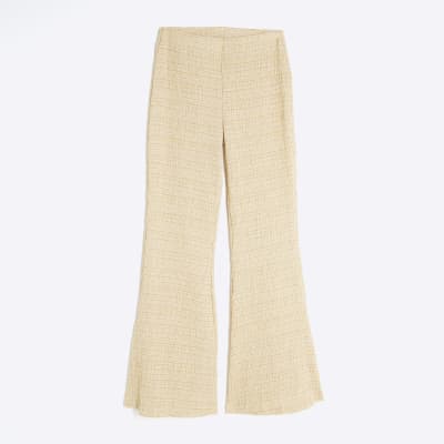 Beige Textured Wide Leg Trousers