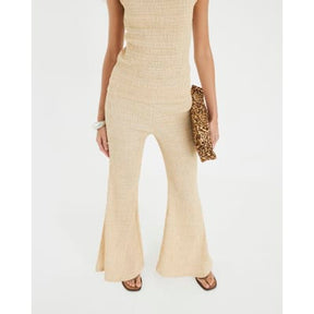 Beige Textured Wide Leg Trousers