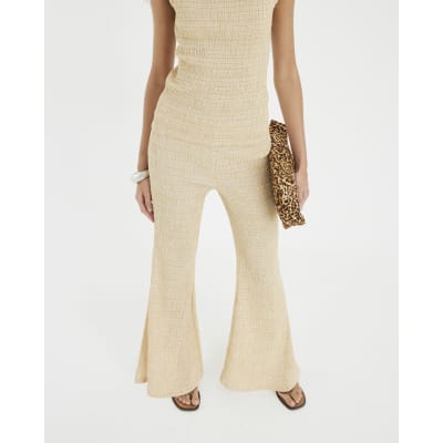 Beige Textured Wide Leg Trousers