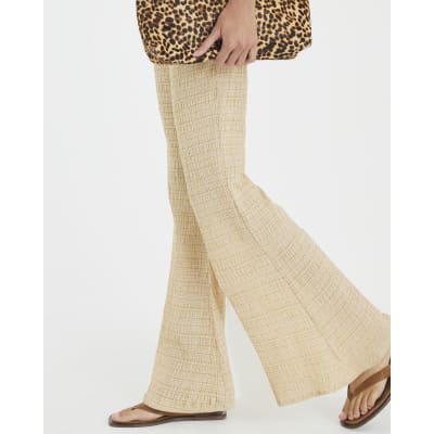 Beige Textured Wide Leg Trousers