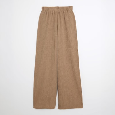 Beige Textured Wide Leg Trousers