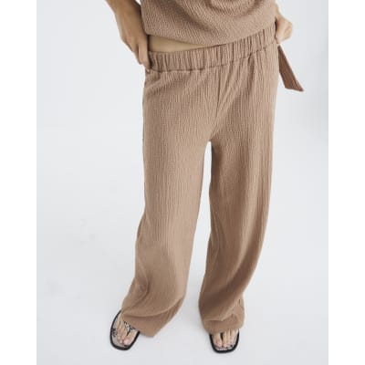 Beige Textured Wide Leg Trousers