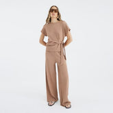 Beige Textured Wide Leg Trousers