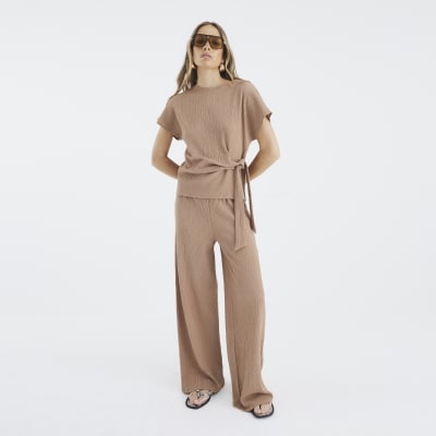 Beige Textured Wide Leg Trousers