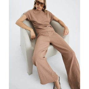 Beige Textured Wide Leg Trousers
