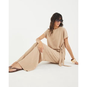 Beige Textured Wide Leg Trousers