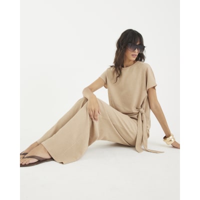 Beige Textured Wide Leg Trousers