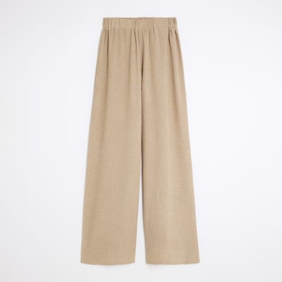 Beige Textured Wide Leg Trousers