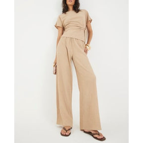 Beige Textured Wide Leg Trousers