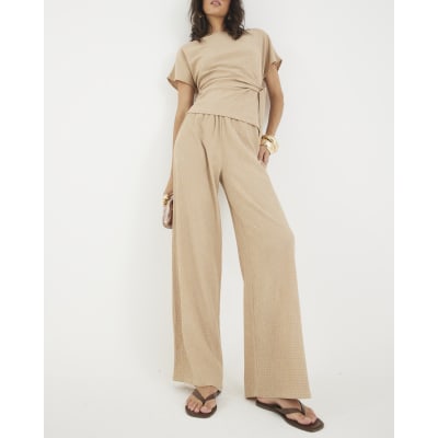 Beige Textured Wide Leg Trousers
