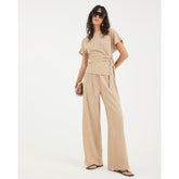 Beige Textured Wide Leg Trousers
