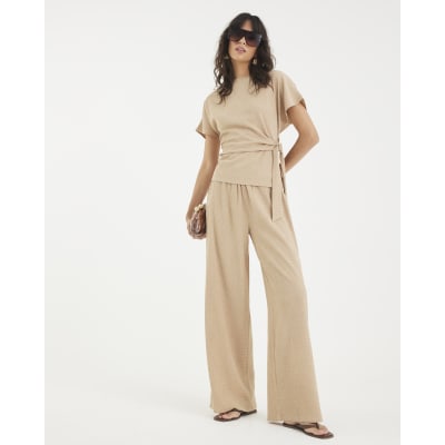 Beige Textured Wide Leg Trousers