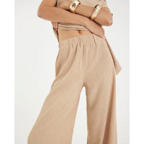 Beige Textured Wide Leg Trousers