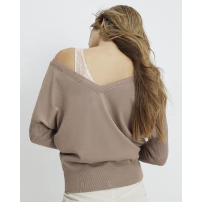 Beige V Neck Button Jumper
