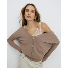 Beige V Neck Button Jumper