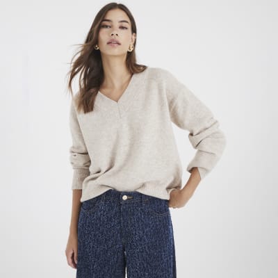 Beige V Neck Jumper