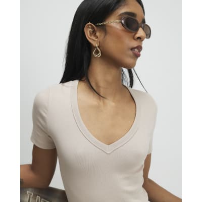 Beige V Neck T-Shirt