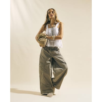 Beige Wide Leg Cargo Trousers