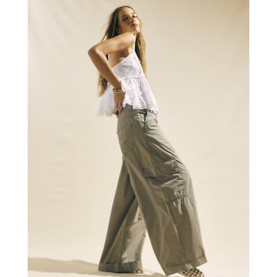 Beige Wide Leg Cargo Trousers