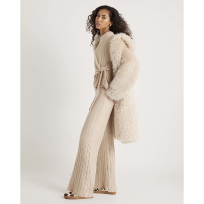 Beige Wide Ribbed Trousers