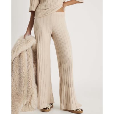 Beige Wide Ribbed Trousers