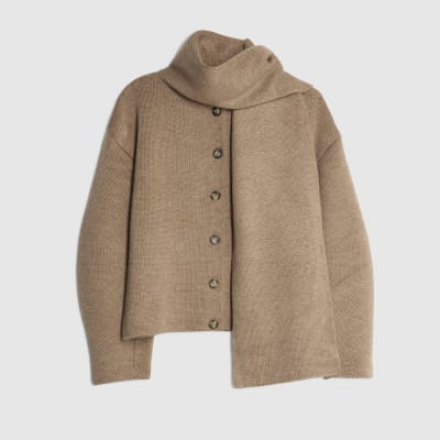 Beige Wrap Scarf Knitted Cardigan