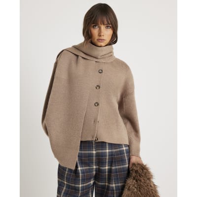 Beige Wrap Scarf Knitted Cardigan