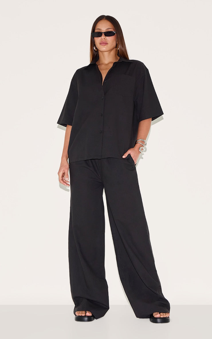 Tall Black Linen Look Wide Leg Trousers