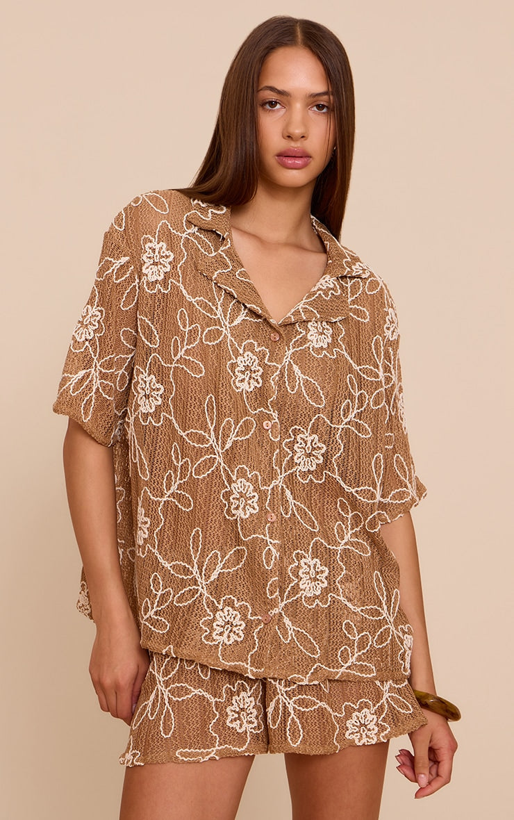 Tan Embroidered Floral Short Sleeve Shirt