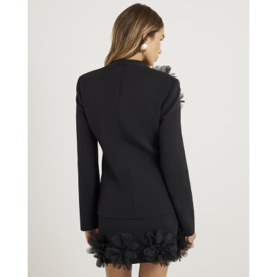 Black 3D Flower Collarless Blazer