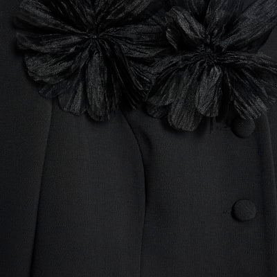 Black 3D Flower Collarless Blazer