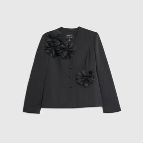 Black 3D Flower Collarless Blazer