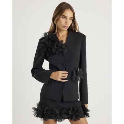 Black 3D Flower Collarless Blazer