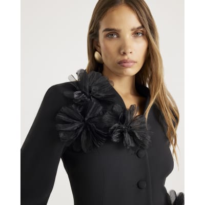 Black 3D Flower Collarless Blazer