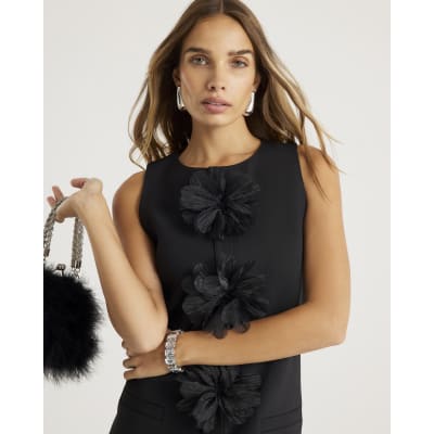 Black 3D Flower Mini Shift Dress