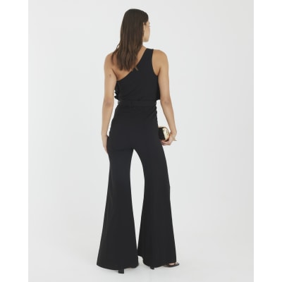 Black 3D Ruffle Belted One Shoulder Jumpsuit