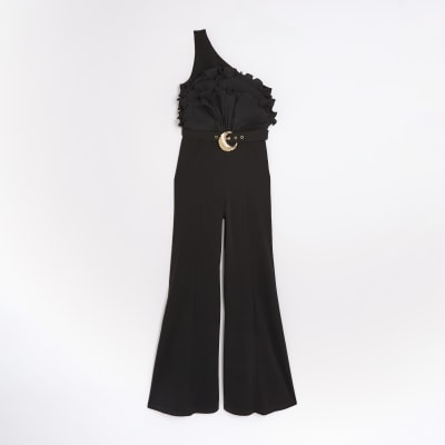 Black 3D Ruffle Belted One Shoulder Jumpsuit