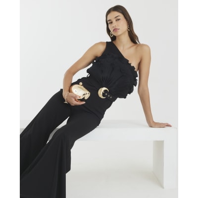 Black 3D Ruffle Belted One Shoulder Jumpsuit